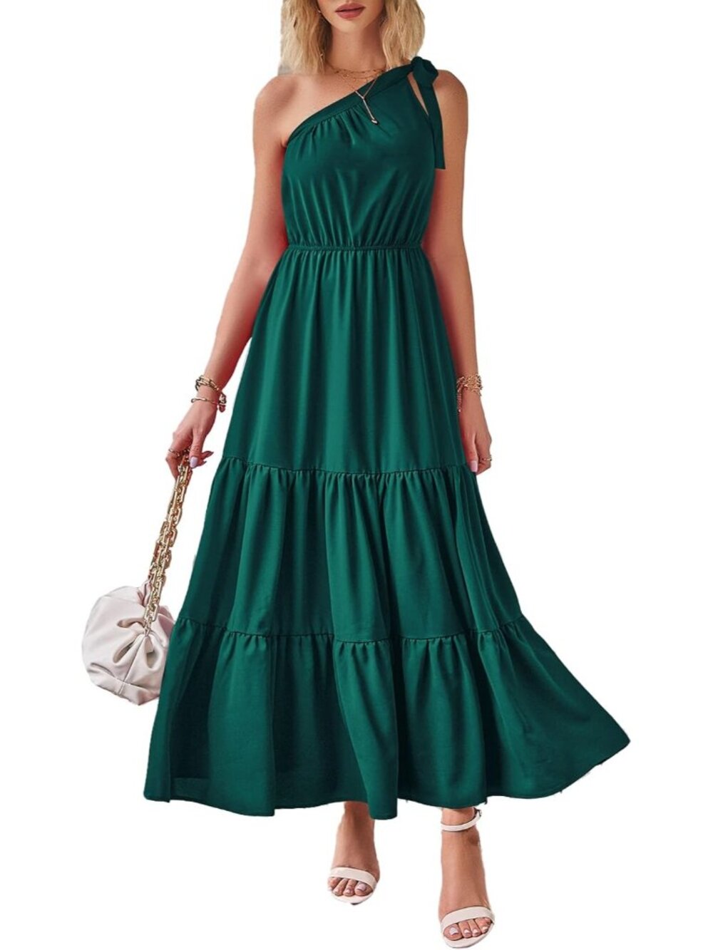 Women's Dark Green Sleeveless Tiered A Line One Shoulder Boho Floral Maxi Dress